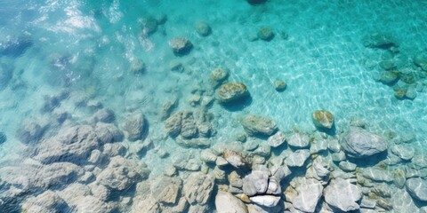 Fototapeta na wymiar Aerial view of crystal clear water and rocky beach. Abstract seascape background. Summer vacation concept.