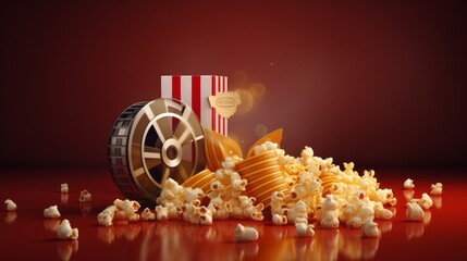 Movie film reel with clapperboard and popcorn. Cinema concept.  - obrazy, fototapety, plakaty