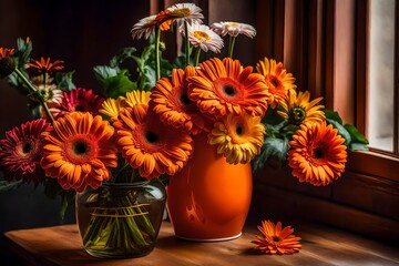 A bouquet of gerbera and chrysanthemum flowers, placed in an orange ceramic vase, on a wooden surface, near an open window.,