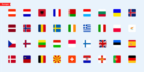 Flags of the countries Europe continent. Isolated flags of Europe continent. Color flags of countries. Vector icons