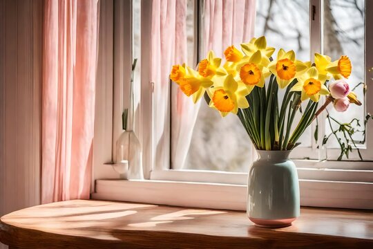 A bouquet of daffodil and peony flowers, placed in a delicate blush pink ceramic vase, on a wooden surface, near an open window.