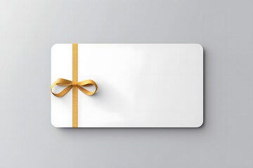 Blank minimal white gift card or gift voucher with golden ribbon rope bow isolated on grey background with shadow minimal creative idea concept 3D rendering - obrazy, fototapety, plakaty