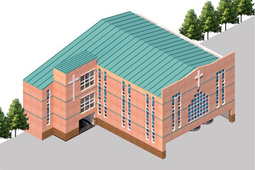 house with a roof, building in the city, 3d rendering of a church building
