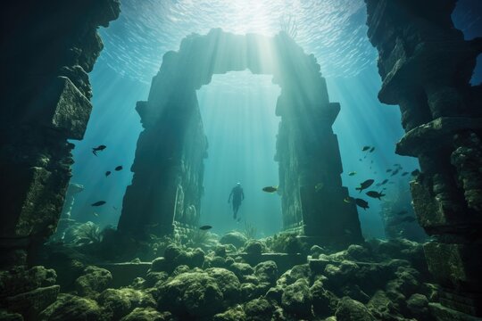 A diver explore a underwater temple relic of old remains historical buildings in deep sea. Vacation travel concept.