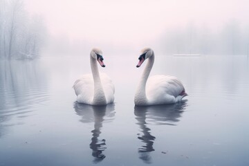 Two swan in lake in winter with snow.