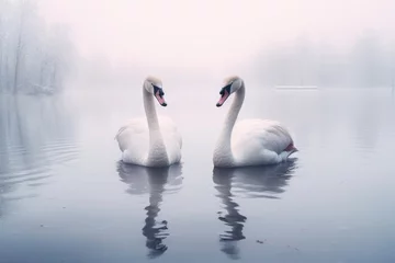 Fotobehang Two swan in lake in winter with snow. © rabbit75_fot