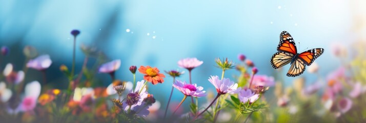 Panoramic view of butterfly in booming wild flower field in Spring. - obrazy, fototapety, plakaty
