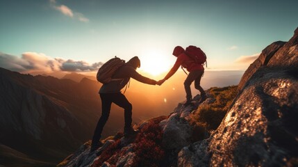 Two people helping each other hike up a mountain, Giving helping hand and teamwork concept. Travel.