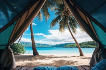 Fototapeta na wymiar View from a tent at sand beach the beautiful seascape on tropical island. Summer tropical vacation concept.