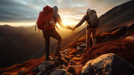 Two people helping each other hike up a mountain, Giving helping hand and teamwork concept. Travel. - obrazy, fototapety, plakaty