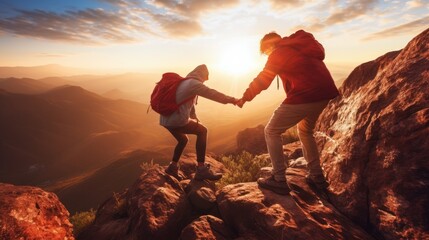 Two people helping each other hike up a mountain, Giving helping hand and teamwork concept. Travel. - obrazy, fototapety, plakaty