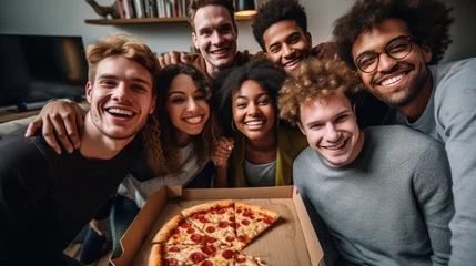 Foto op Aluminium Group of friends multiracial young people eating pizza cheerful on weekend home party together. © Oulaphone