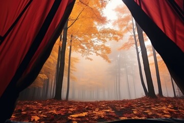 First person view from a tent in Autumn woods with beautiful Fall foliage colors. Autumn seasonal concept.