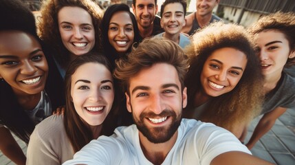 Group of friends multiracial young people taking selfie cheerful on Summer vacation together. Happy young people having fun hanging out on city street.