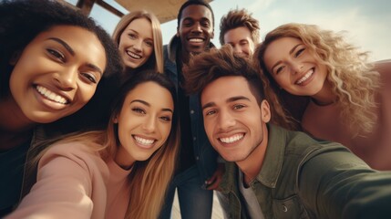 Group of friends multiracial young people taking selfie cheerful on Summer vacation together. Happy young people having fun hanging out on city street.
