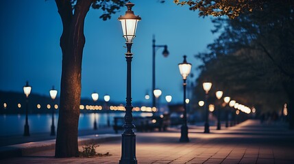a row of brightly lit street lamps beside bay during night time. A beautiful night view of the beach with street lights and city lights. generative AI - obrazy, fototapety, plakaty