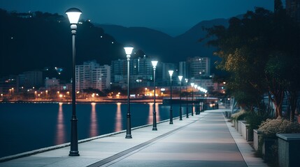 a row of brightly lit street lamps beside bay during night time. A beautiful night view of the beach with street lights and city lights. generative AI - Powered by Adobe