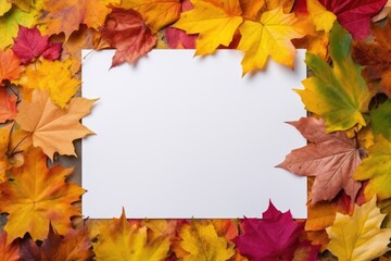 Naklejka na ściany i meble Autumn colorful tree leaves a sheet of white paper. Space for text. Autumn seasonal concept.