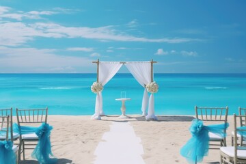 Beautiful lovely ceremony decoration of a beach wedding with blue sea background. Summer tropical vacation concept.