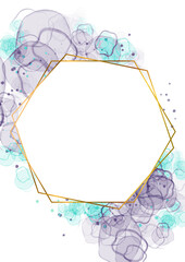 紫と青緑のアルコールインクアートと金のフレーム