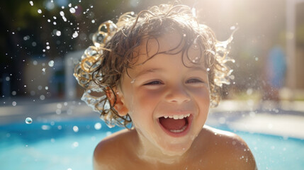 Fototapeta na wymiar Young boy kid child eight years old splashing in swimming pool having fun leisure activity