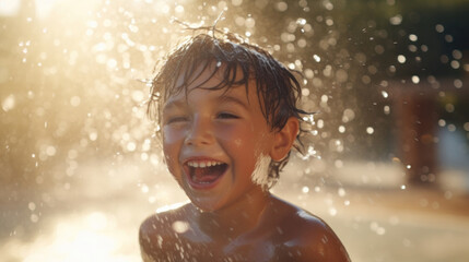 Fototapeta premium Young boy kid child eight years old splashing in swimming pool having fun leisure activity