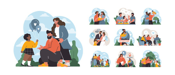 Family Moments set. Cherished instances of families bonding: picnics, birthdays, Father's Day celebrations, and parental custody moments. Heartwarming emotions shine through. Flat vector illustration.