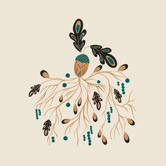 Vector folk illustration of stylized acorn with leaves and berries on roots. Plant composition is perfect for fall and spring decor, invitation or greeting card © Svetlana Lerie