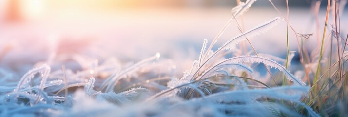 Close-up panoramic view of ice and snow on grass at sunrise in Winter. Winter seasonal concept.