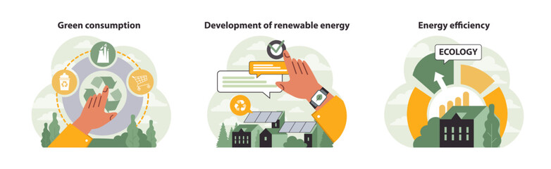 Ecology set. Engaging with green consumption, harnessing renewable energy, and driving energy efficiency. Hand interacts, sustainable choices, eco actions. Flat vector illustration.