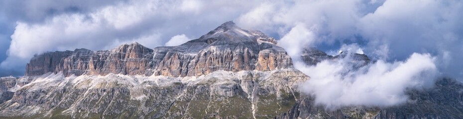 Sella mountains group panorama with highest peak Piz Boe (3152 m), Dolomites, Trentino-Alto Adige,...