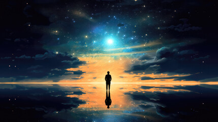 Conceptual image of the silhouette of a man over a lake, looking at the sunset and the universe in the sky