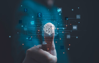 Thumbs up with virtual fingerprint to scan biometric identity and access password thru fingerprints for technology security system and prevent hacker concept. - obrazy, fototapety, plakaty