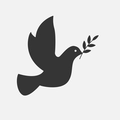 Dove bird holding olive branch icon. Symbol of Peace. Pigeon sulhouette. Vector
