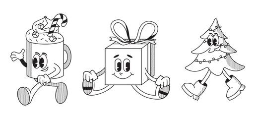 Christmas and New Year retro cartoon characters set. Christmas tree, coffee drink, bauble, present. Merry xmas Vector mascot groovy illustration in trendy vintage comic style isolated on background