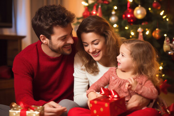 Obraz na płótnie Canvas Happy Holidays, Family Posing in Cozy Christmas Setting