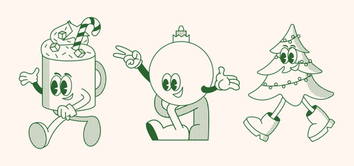 Christmas and New Year retro cartoon characters set. Christmas tree, coffee drink, bauble, present. Merry xmas Vector mascot groovy illustration in trendy vintage comic style isolated on background