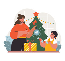 People celebrate christmas and new year. Cheerful family members, mom and little daughter decorating big christmas tree on winter holiday. Festive tradition. Flat vector illustration