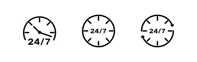 24/7 clock icons. Outline, black, 24/7 icons, 24/7 hours. Vector icons