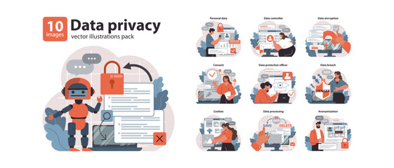 Data Privacy set. Exploring the facets of online safety. Personal data handling, secure browsing and encryption techniques. Protecting information user consent and potential threats. vector - obrazy, fototapety, plakaty