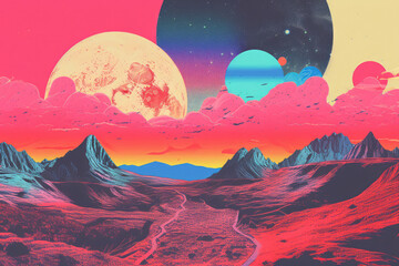 Picturesque view of planets in blue sky over rocky mountains in evening sky. Generative AI. Risograph style