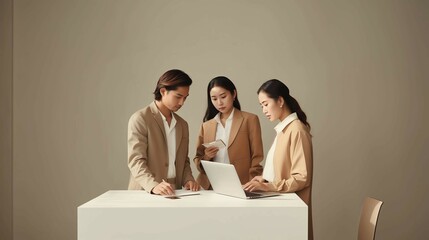 asian worker people working together using laptop in minimalist office
