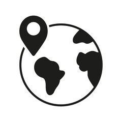 Global Delivery Service Pictogram. Planet Earth with Location Pin Solid Sign. Worldwide Delivery Symbol. International Shipping Silhouette Icon. Travel Around World. Isolated Vector Illustration