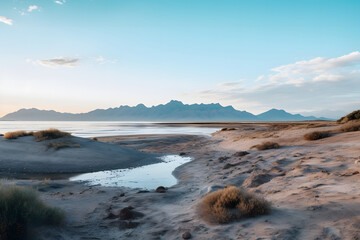 
Beautiful lake view against the backdrop of sand mountains  - Great Salt Lake in Utah in early morning