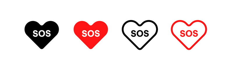 SOS hearts icons. Different styles, red, hearts with the inscription SOS, SOS icons. Vector icons