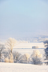 Fototapeta na wymiar Wintry countryside with hoarfrost and snow on a cold winter day