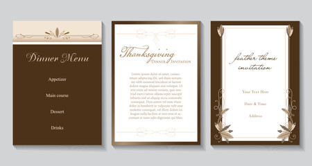A set of elegant feather invitations in brown and copper colors
 - obrazy, fototapety, plakaty