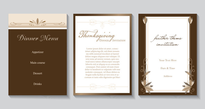 A set of elegant feather invitations in brown and copper colors
