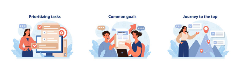 Professional Development set. Efficient task management, collaborative teamwork and ambitious career progression. Task prioritization, alignment on common goals and aspiration to succeed. Flat vector