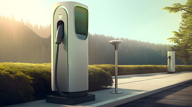 Fototapeta Electric car charging station, parking for electric and hybrid vehicles with chargers. Network of electric charging stations.